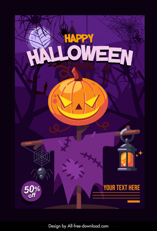 halloween sale poster template horror pumpkin scarecrow sketch dark horror elements decor