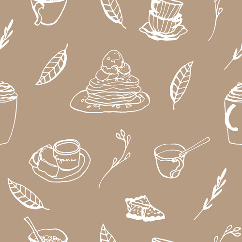 hand drawn coffee and cake seamless pattern vector