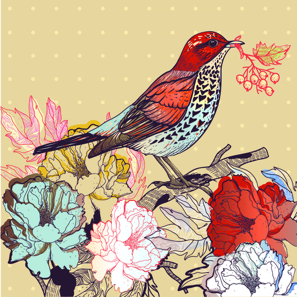 hand drawn floral backgrounds with birds vector