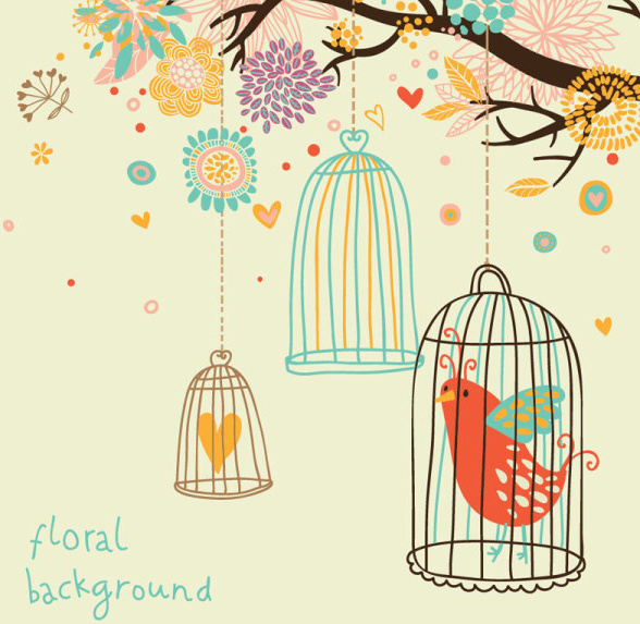 hand drawn flowers and birds background vector