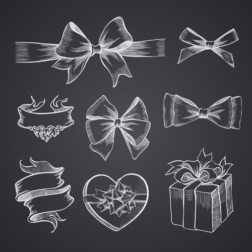 hand drawn ribbon bow and gift boxes vector