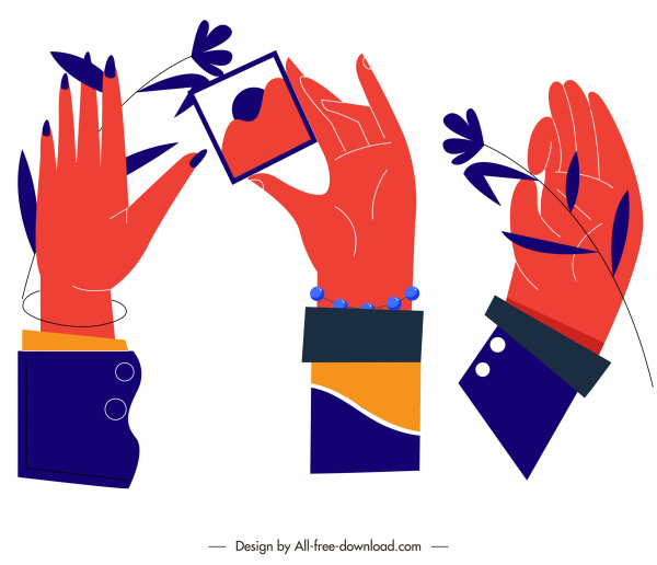 hand gesturing icons colored flat sketch