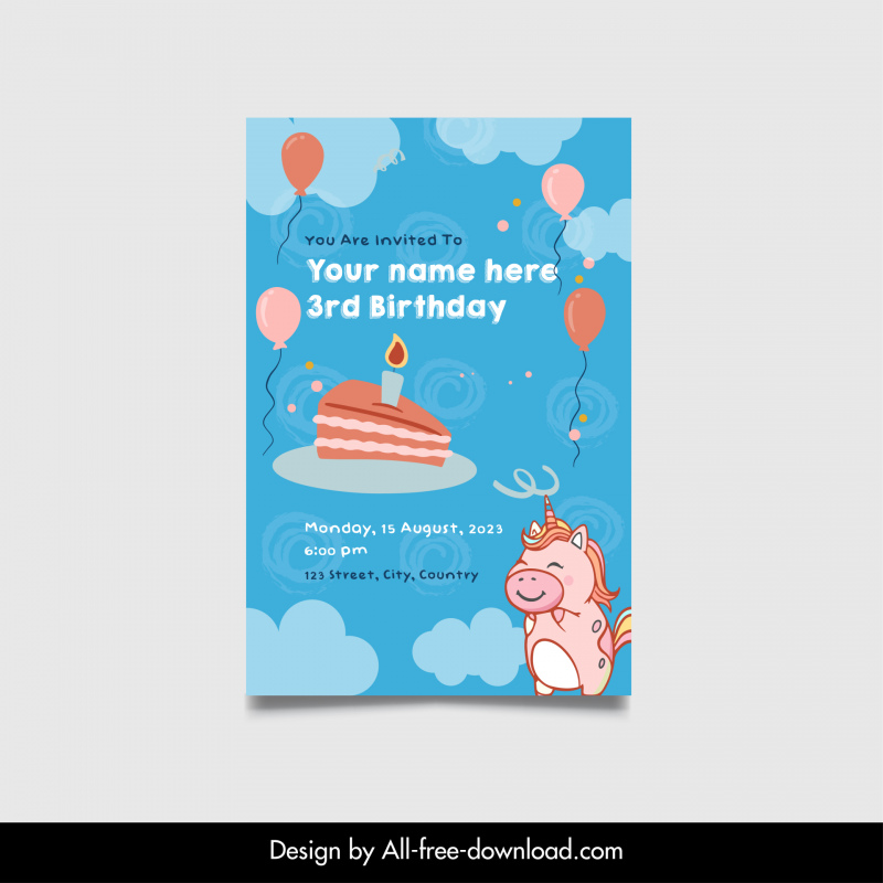 happy birthday invitation card template cute unicorn cake balloon 