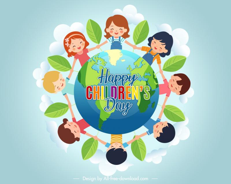 Happy childrens day poster template globe hand in hand kids Vectors ...