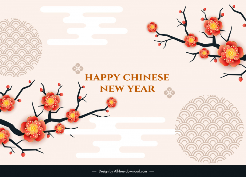 happy chinese new year card cover template elegant flat classical cherry blossom circles sketch 