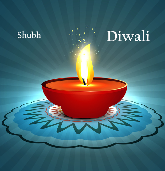 happy diwali diya celebration blue colorful background vector