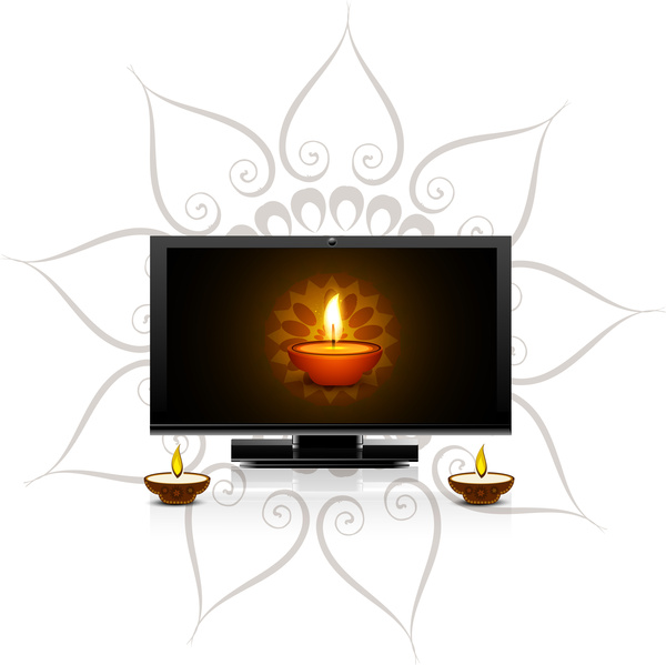 happy diwali diya for led tv screen celebration background vector