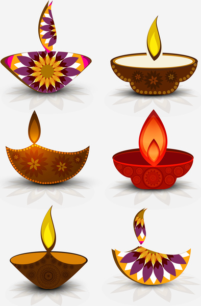 happy diwali shiny 6 various diwali set diya background colorful vector