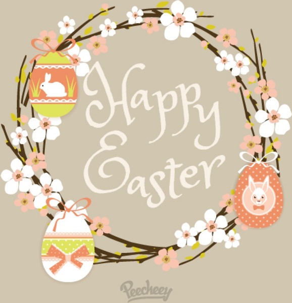 happy easter background with flowers and eggs
