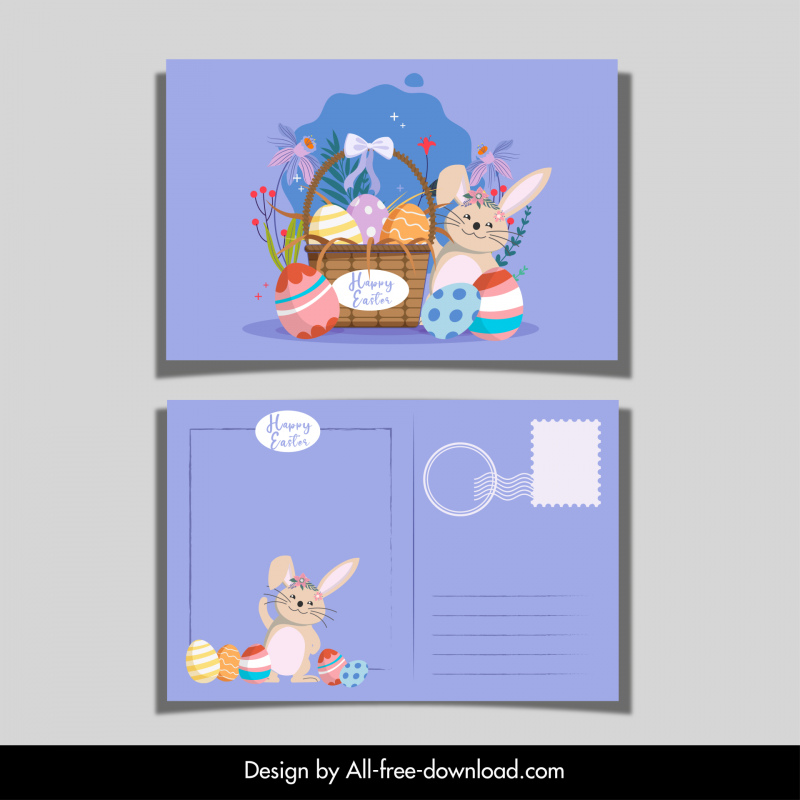 happy easter postcard template cute bunny eggs basket