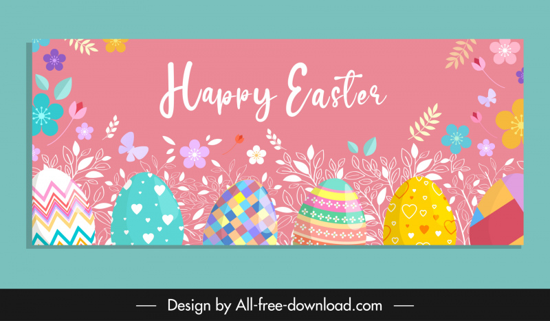 happy easter poster colorful eggs nature elements flower leaves decor