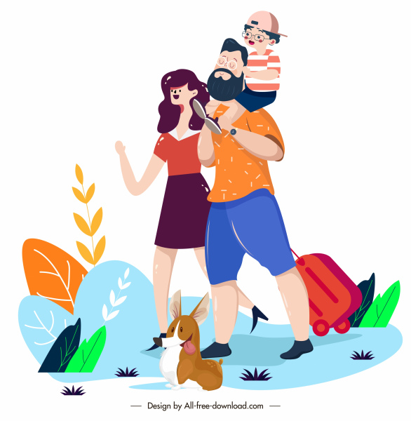 happy family painting vacation theme cartoon characters sketch