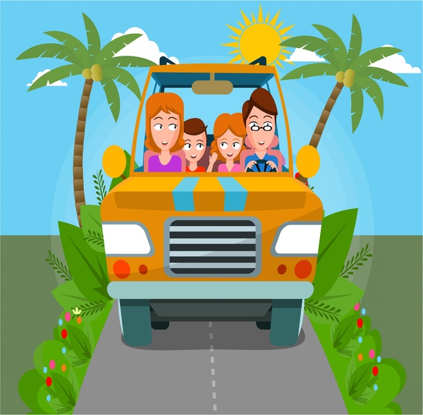 happy family traveling in car drawing with colors