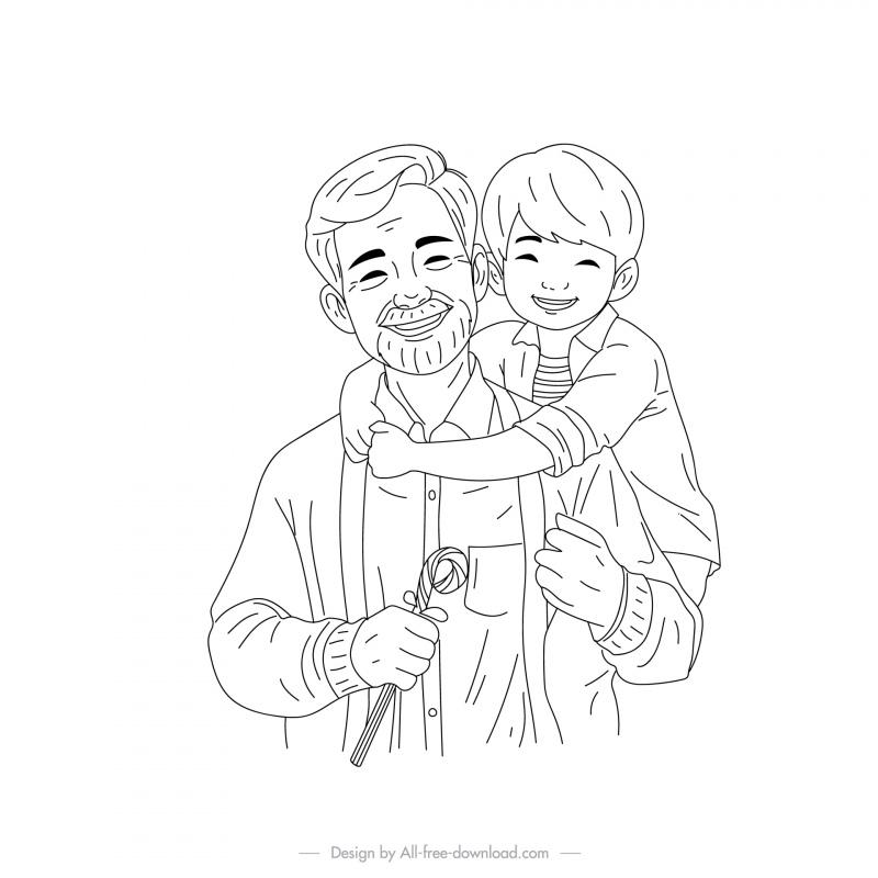 happy fathers day design elements black white handdrawn outline 