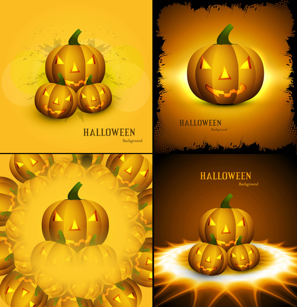happy halloween four collection yellow pumpkins colorful design vector illustration