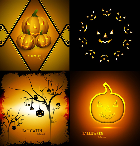 happy halloween party four collection presentation bright colorful card design vector