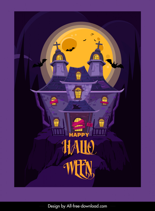 happy halloween poster dark design haunted house bats moonlight sketch
