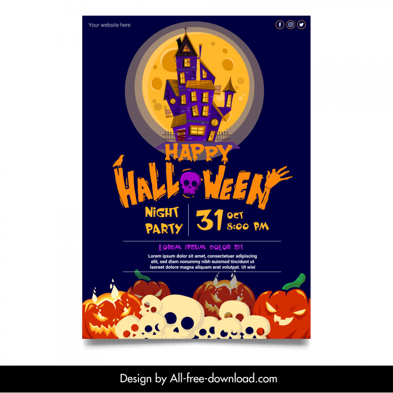 happy halloween poster stylized texts horror haunted house moonlight pumpkin skulls sketch