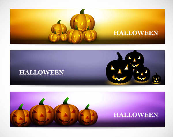 happy halloween pumpkins three headers set colorful vector illustration