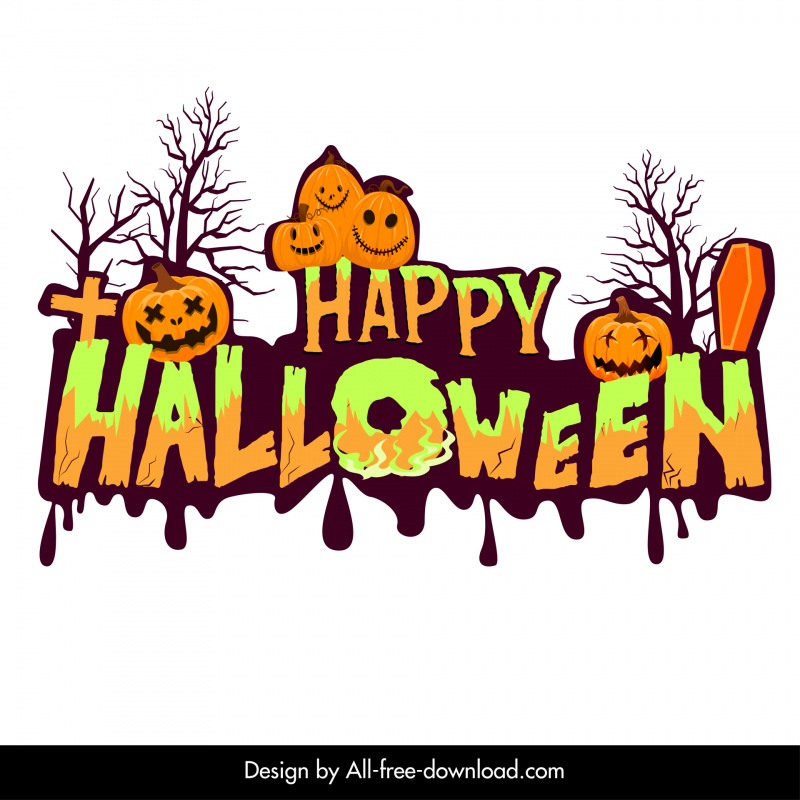happy halloween sign flat classical handdrawn horror pumpkins stylize texts tombs leafless trees outline 
