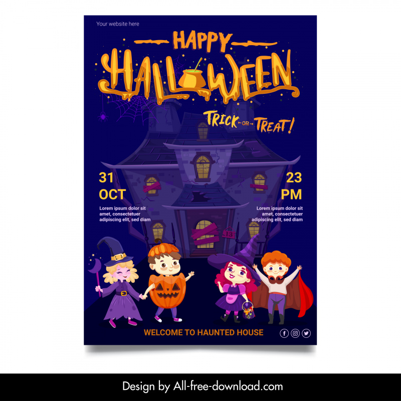 happy halloween trick or treat poster cute children in horror costumes sketch cartoon design 