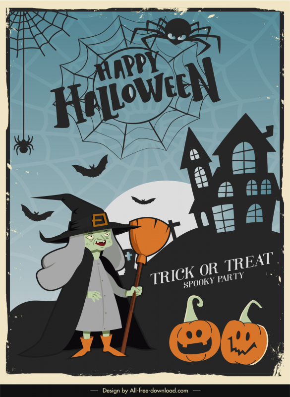 happy halloween trick or treat poster flat retro silhouette horror elements sketch 