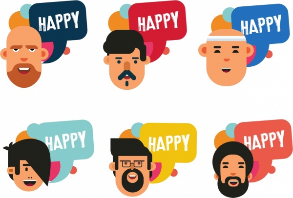 happy icons collection men face speech bubble decor