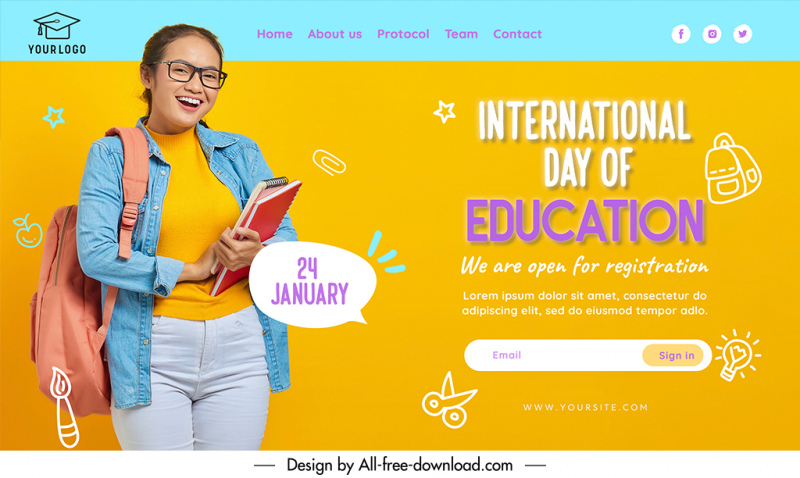 happy international education day landing page template dynamic happy girl sketch handdrawn educational elements sketch 