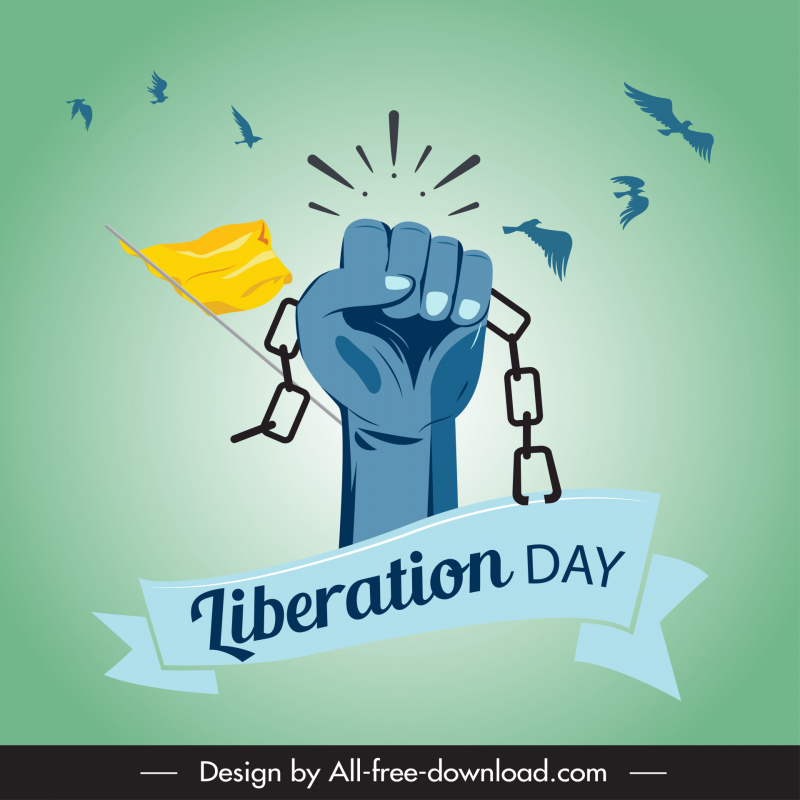 happy liberation day poster dynamic flying birds breaking chain hand flat sketch