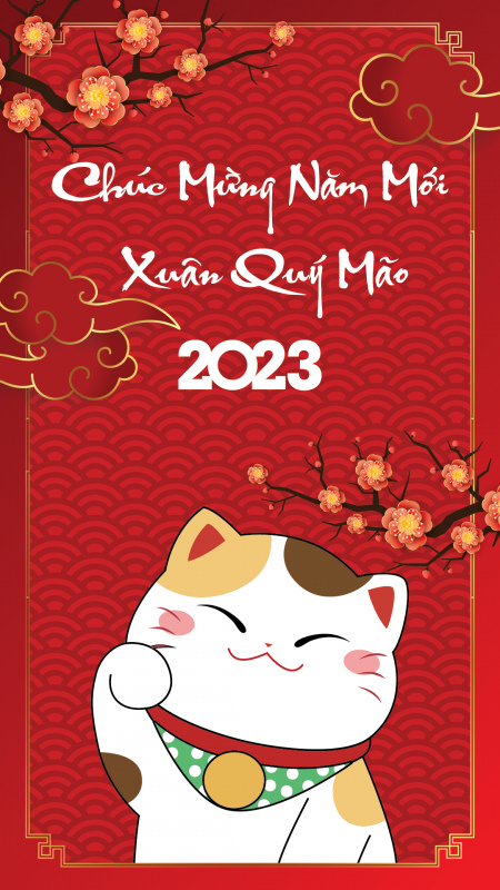 happy new year 2023 card banner template cute handdrawn cartoon cat cherry blossom sketch