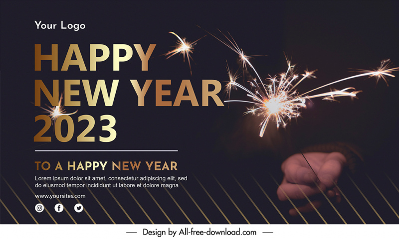 happy new year party banner template dark modern realistic design hand holding firework closeup sketch