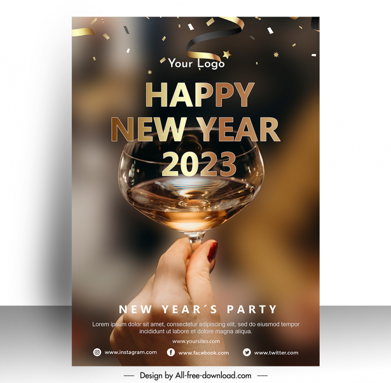 happy new year poster template modern luxury elegant dynamic confetti closeup hand holding wineglass 