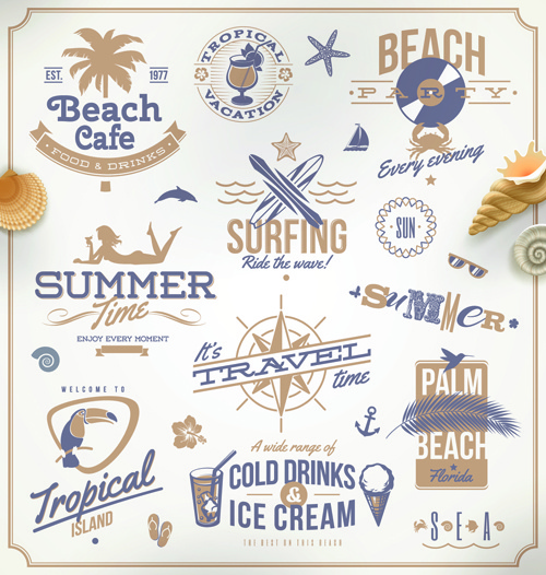 happy summer holiday travel logos and labels vector