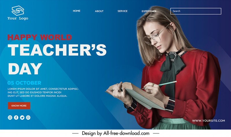 happy world teachers day landing page template elegant young female teacher writing sketch
