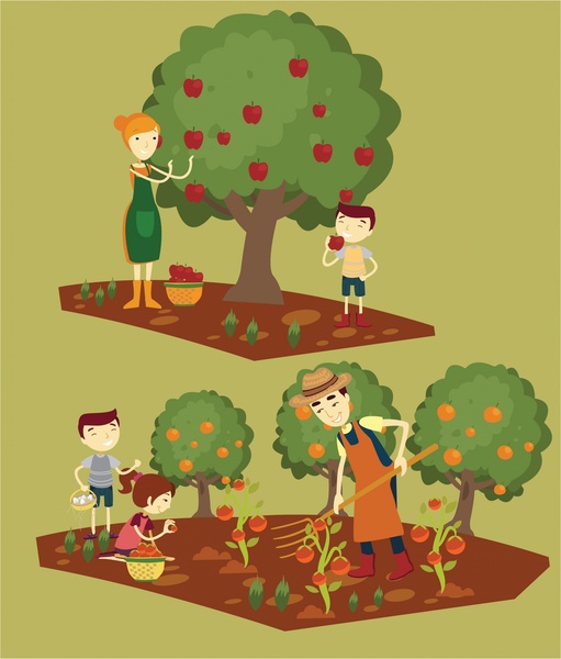 harvests drawings illustration with family gathering fruits