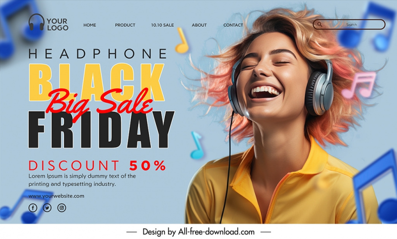 headphone landing page discount template dynamic music note excited woman