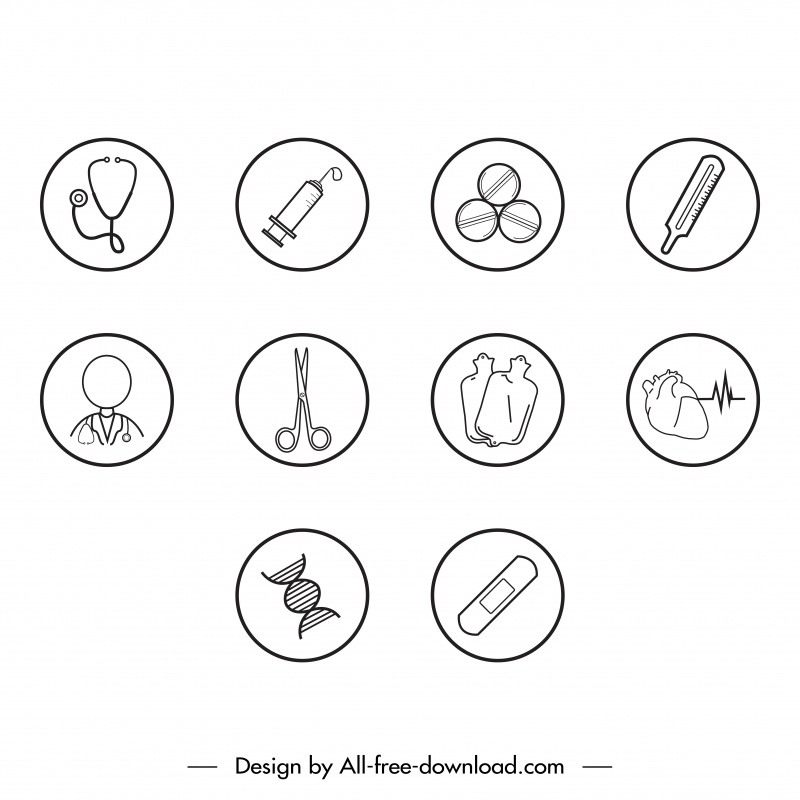 health icon sets flat handdrawn circle isolated medical elements sketch