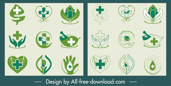 healthcare icons collection green heart hand leaf shapes