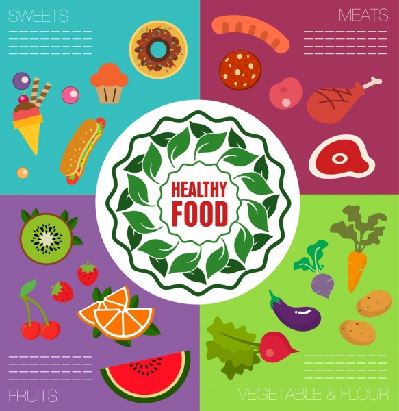 healthy food banner cakes meats fruits vegetables icons