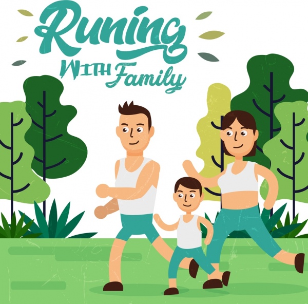 healthy lifestyle banner family icon colored cartoon design