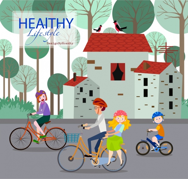 healthy lifestyle banner human riding bicycle colored design