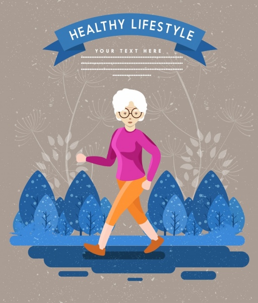 healthy lifestyle banner old woman walking cartoon design