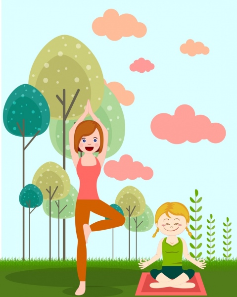 healthy lifestyle drawing yoga women colored cartoon