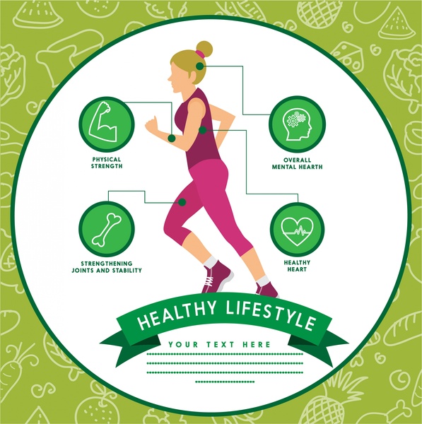healthy lifestyle infographic woman exercise green vignette background