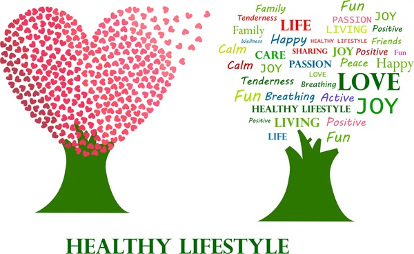 healthy lifestyle theme hearts and words trees design