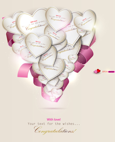 heart and ribbons valentine cards vector set