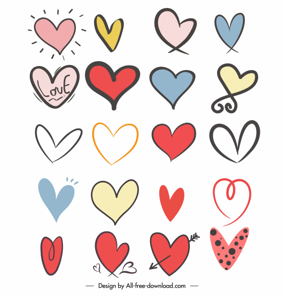 heart icons collection colored handdrawn flat sketch 