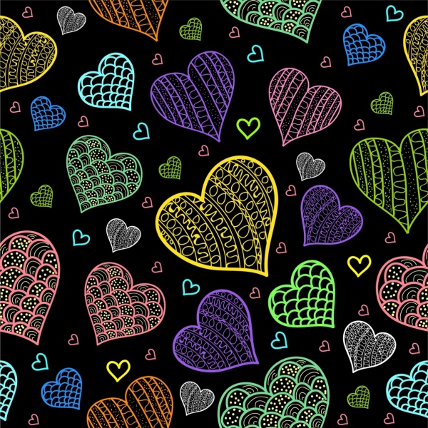 hearts background dark multicolored repeating sketch