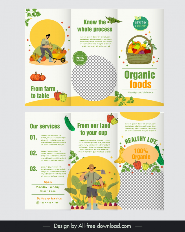 heathy food tri fold brochure template cartoon farming elements