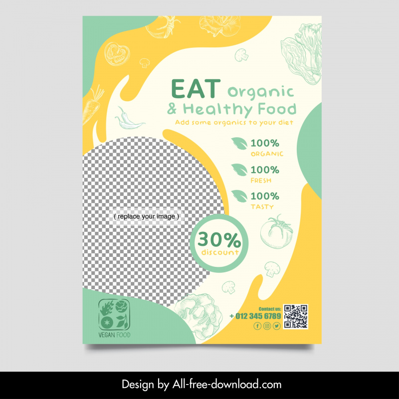 heathy vegan food flyer template checkered handdrawn vegetables